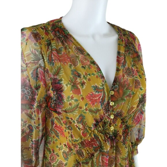 Anthropologie Sheer Mesh Babydoll Henley Top S Chartreuse Floral Balloon Sleeve - Picture 12 of 16